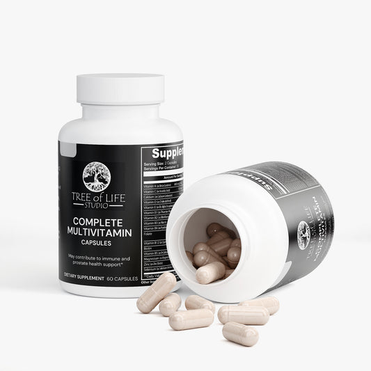 Tree of Life Studio American made multivitamin capsules in white bottles with brown capsules