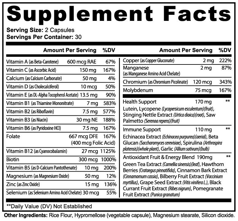 Supplement facts label for American made multivitamin capsules by Tree of Life Studio showing detailed vitamin and mineral content per serving
