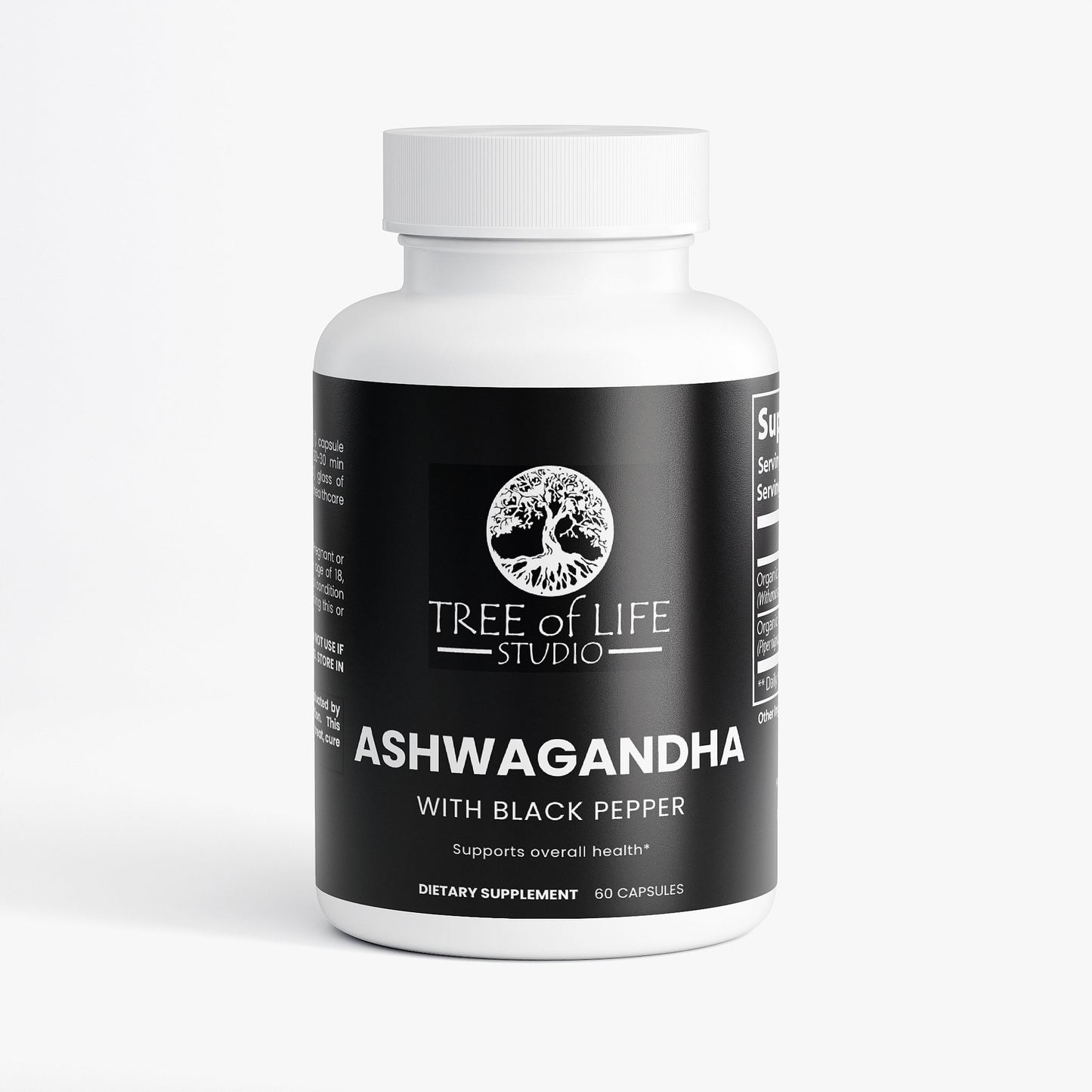 Tree of Life Studio ashwagandha capsules with black pepper dietary supplement bottle with 60 capsules