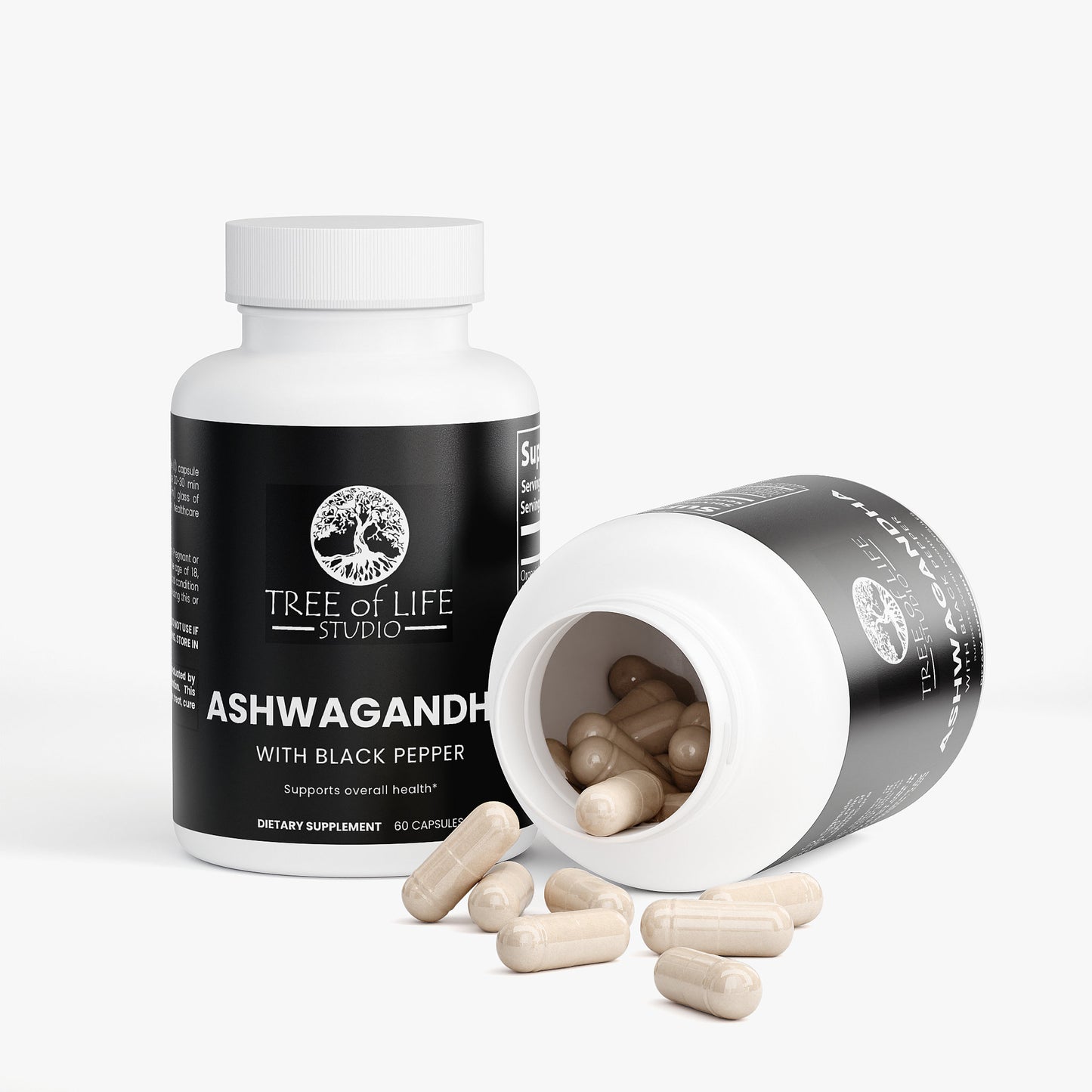 Tree of Life Studio ashwagandha capsules with black pepper dietary supplement bottles and capsules