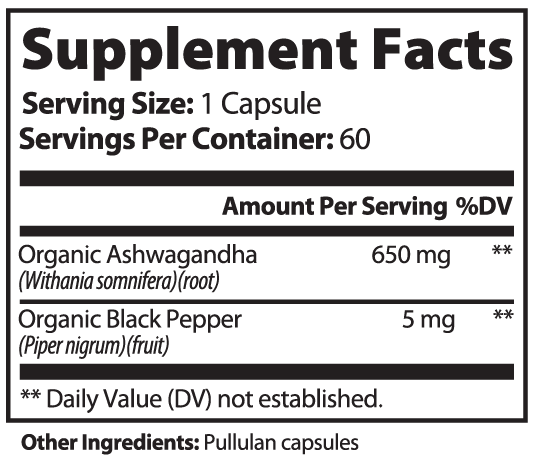 Supplement facts label for ashwagandha capsules with black pepper showing organic ashwagandha and black pepper amounts