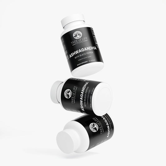 Tree of Life Studio Ashwagandha capsules with black pepper supplement bottles with black labels