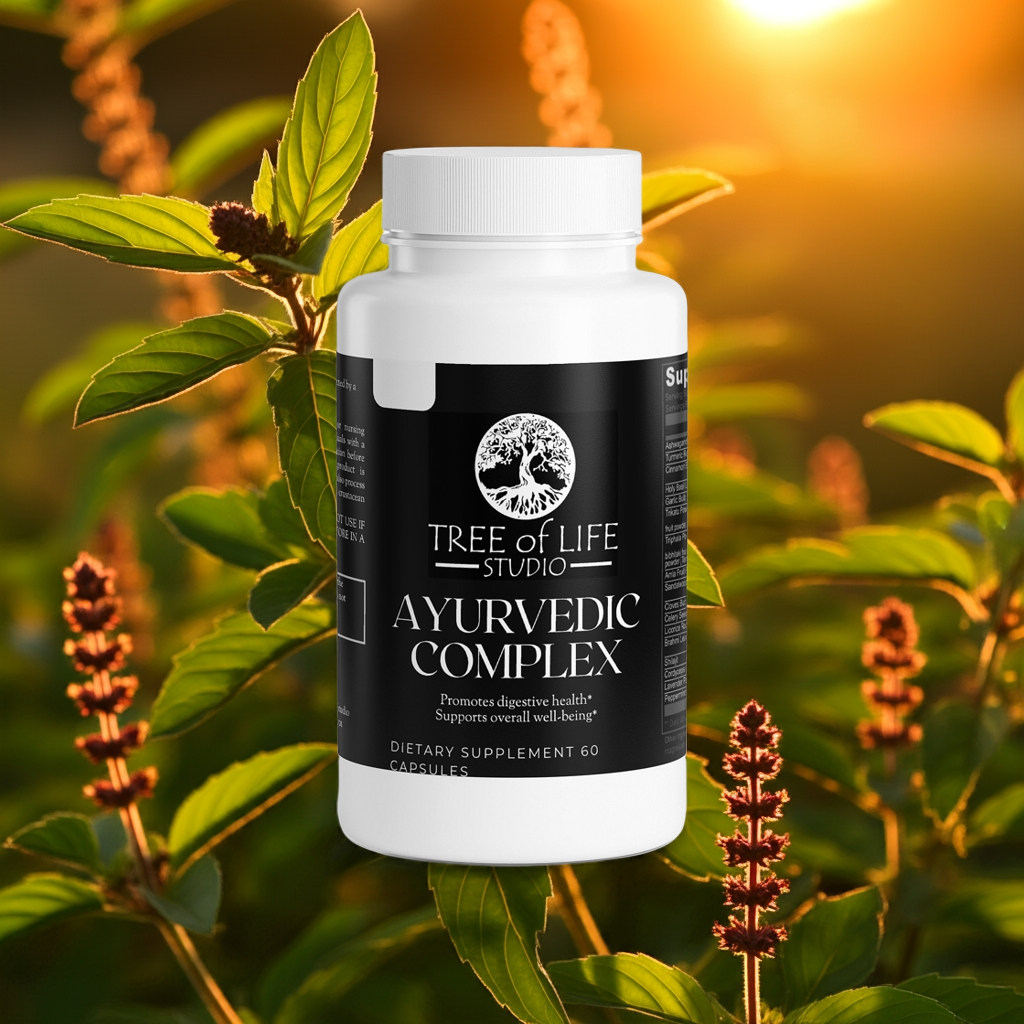 Tree of Life Studio ayurvedic supplement complex bottle with herbal background promoting digestive health