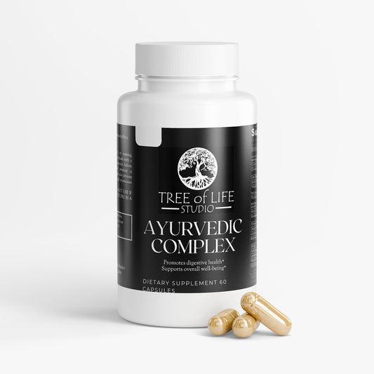 Tree of Life Studio ayurvedic supplement complex bottle with three capsules promoting digestive health