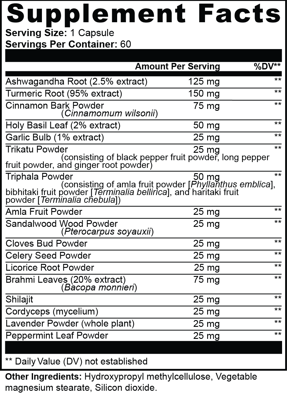 Tree of Life Studio ayurvedic supplement complex nutrition facts label showing ingredients and serving size