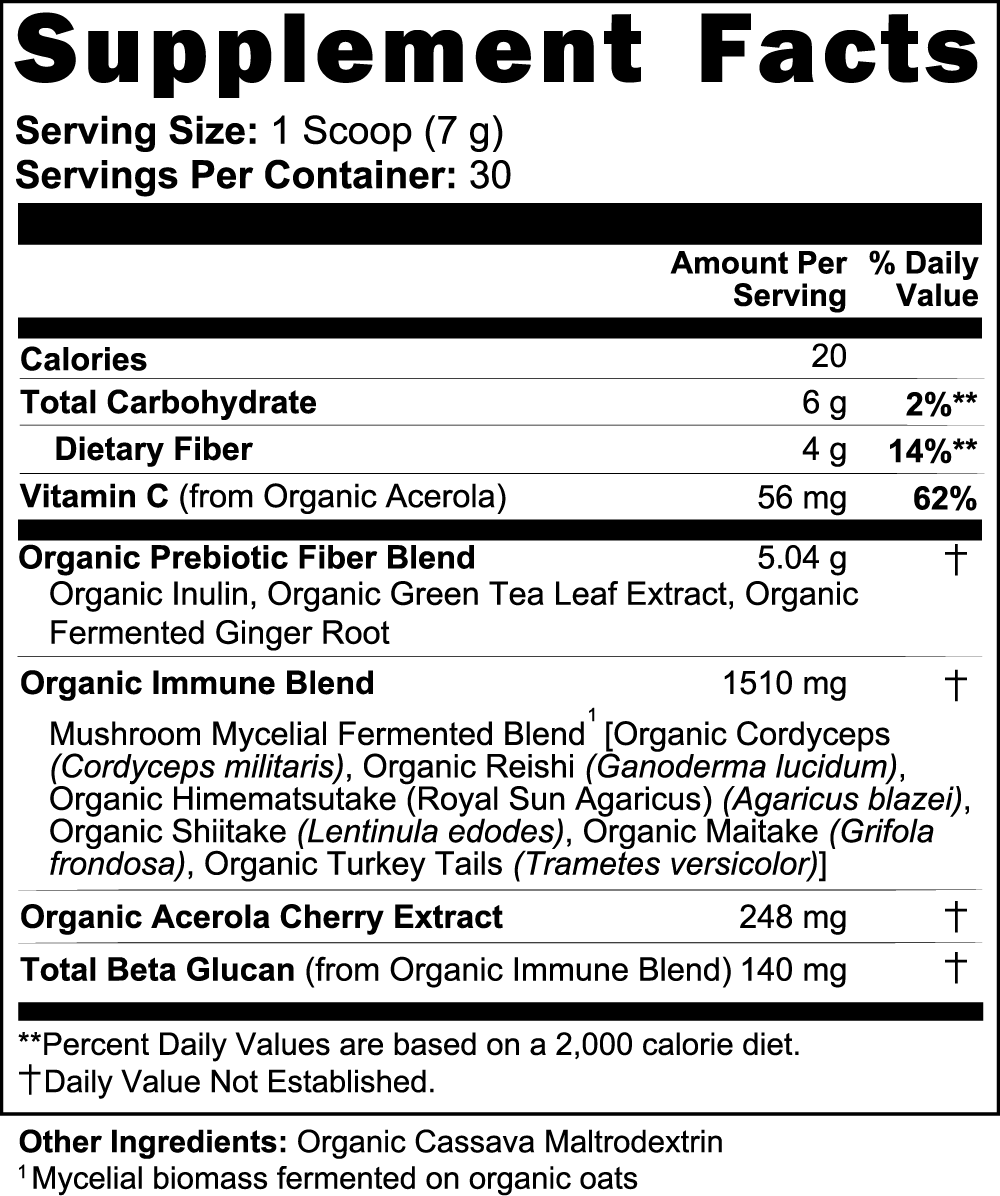 Supplement facts label for best fermented mushroom blend powder by Tree of Life Studio with nutritional and organic ingredient details