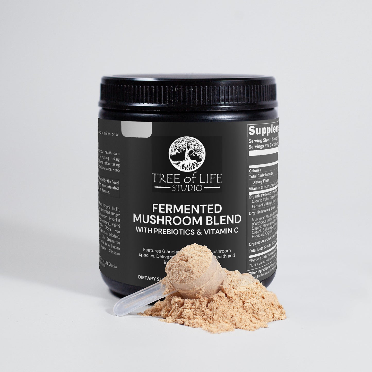 Tree of Life Studio fermented mushroom blend powder jar with scoop of best fermented mushroom blend powder