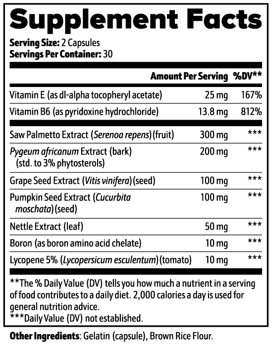 Supplement facts label of Tree of Life Studio specialty supplements showing ingredients and serving size for best prostate support capsules