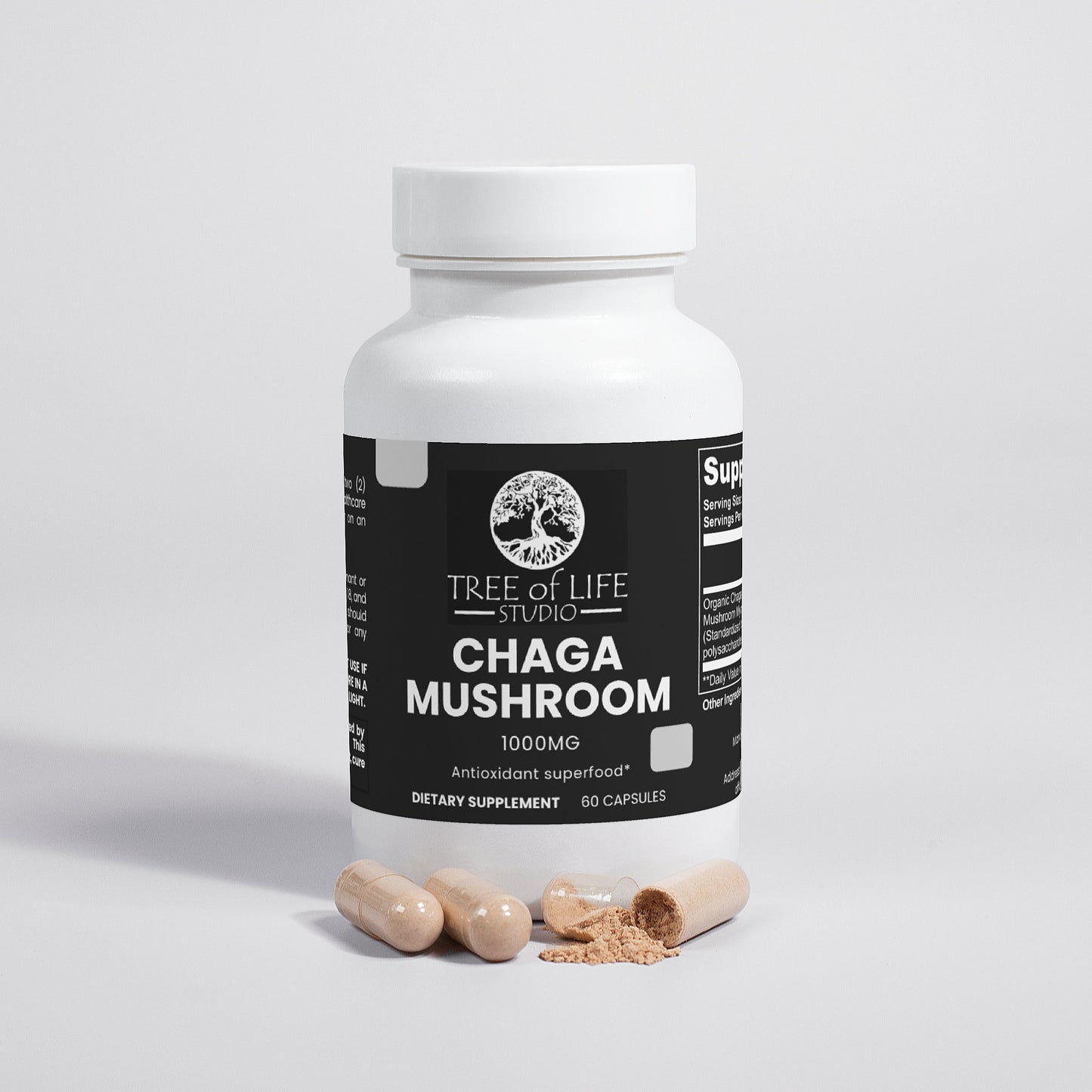 Tree of Life Studio Chaga Mushroom capsules 1000mg dietary supplement with antioxidant superfood benefits