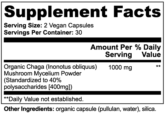 Supplement facts label showing serving size and ingredients of Chaga Mushroom capsules by Tree of Life Studio