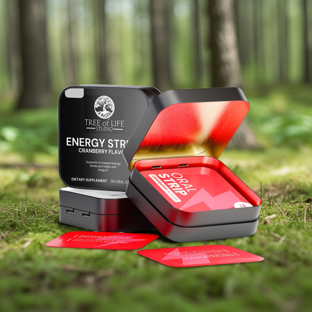 Tree of Life Studio fast acting energy oral strips cranberry flavor in black tin with open and closed packs on grass