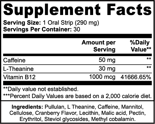 Supplement facts label for fast acting energy oral strips by Tree of Life Studio showing caffeine, L-Theanine, and Vitamin B12 content