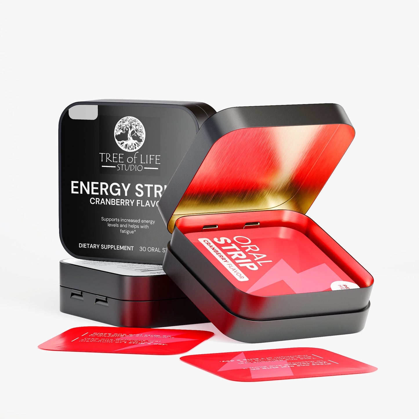 Tree of Life Studio fast acting energy oral strips cranberry flavor in black and red packaging