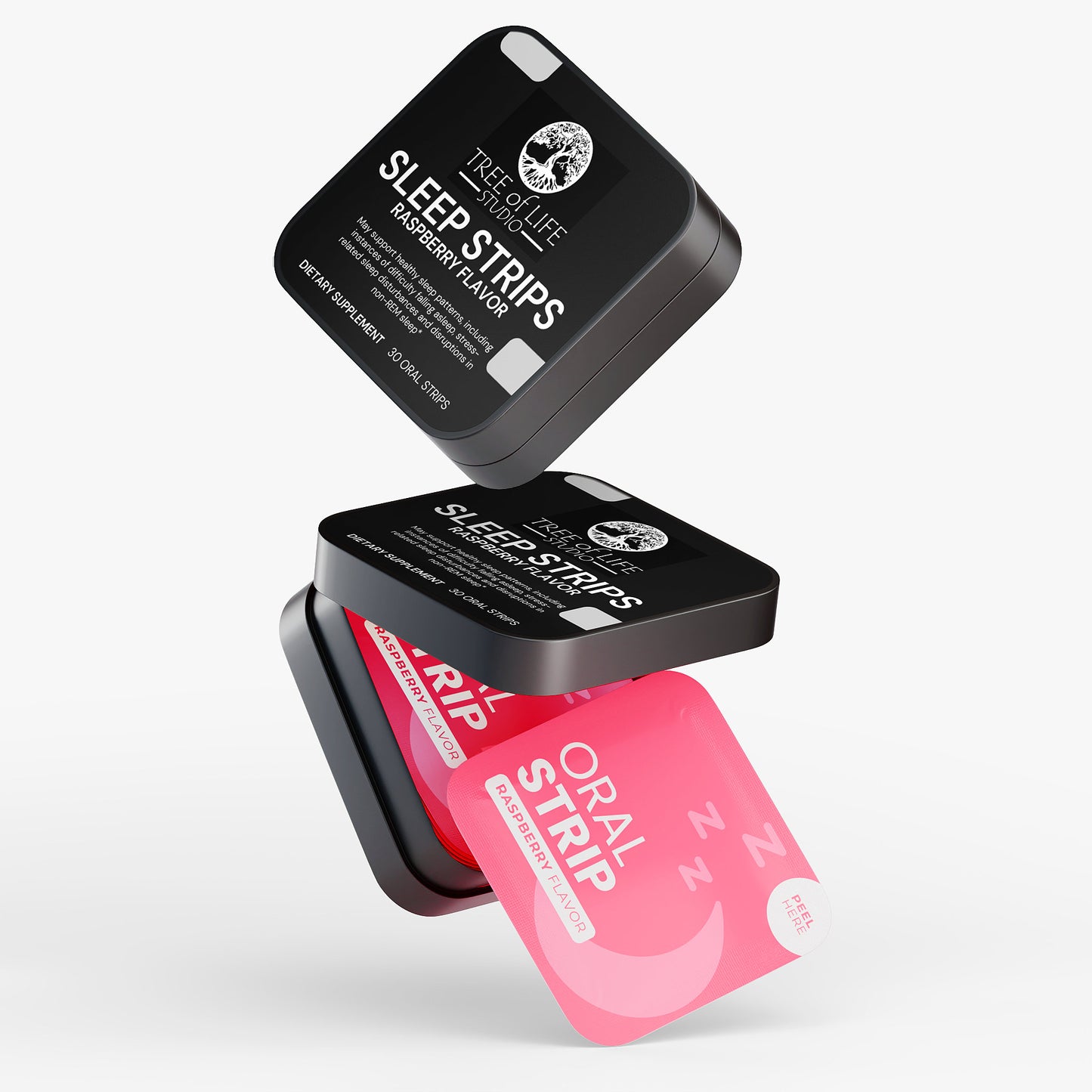 Tree of Life Studio fast acting sleep supplement strips raspberry flavor in black and pink packaging