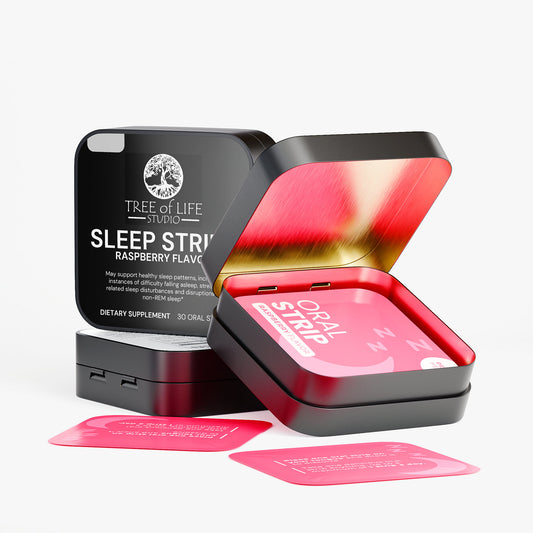 Tree of Life Studio fast acting sleep supplement strips raspberry flavor in black tin packaging