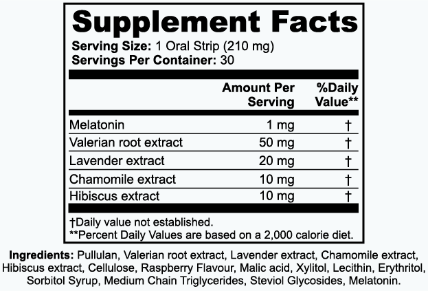 Supplement facts label for Tree of Life Studio fast acting sleep supplement strips with melatonin and herbal extracts