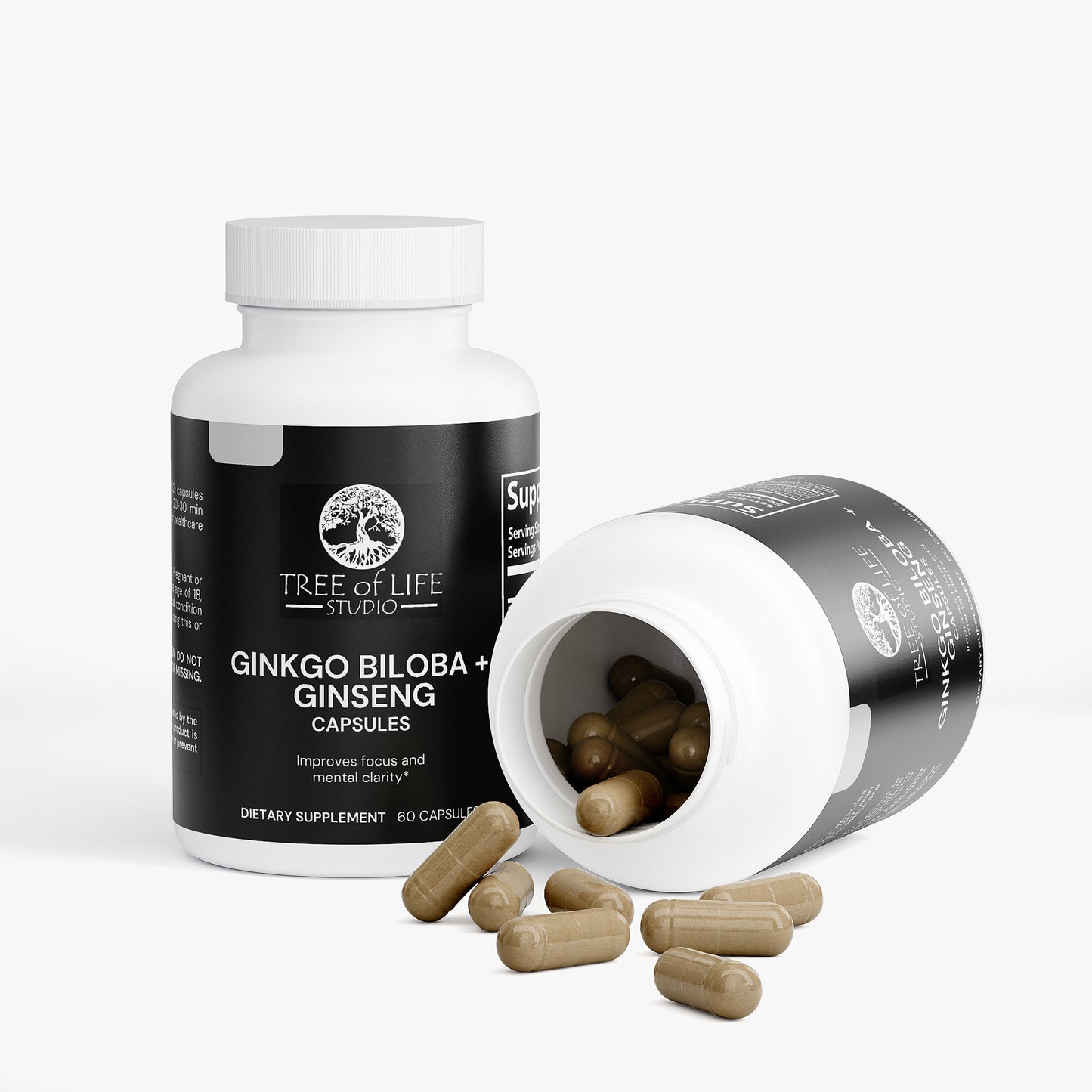Tree of Life Studio ginkgo biloba and ginseng supplement capsules in white bottles with black labels