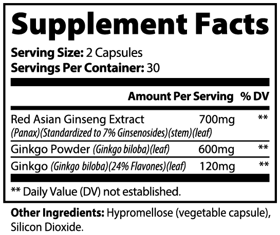 Supplement facts label for ginkgo biloba and ginseng supplement by Tree of Life Studio with serving size and ingredient details