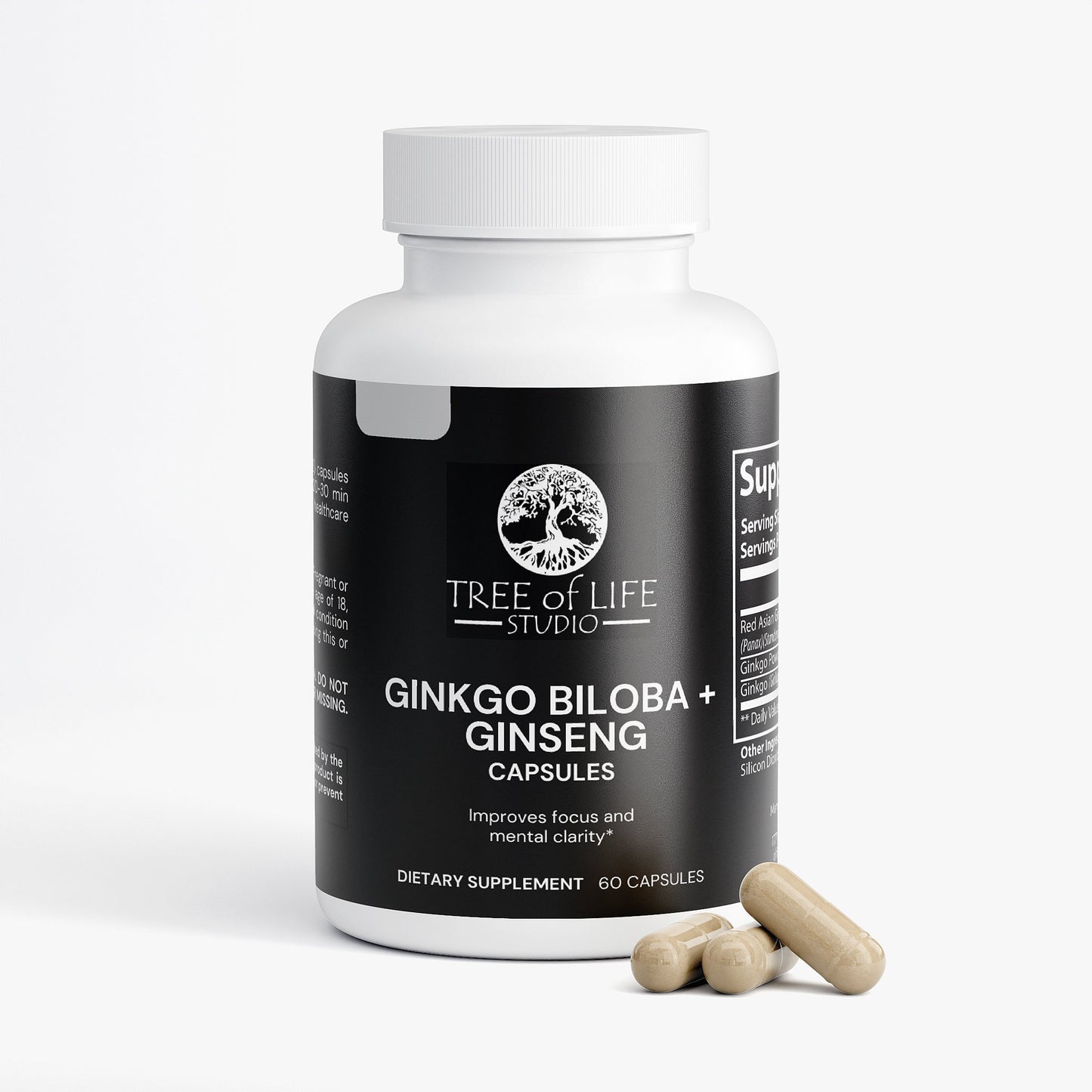 Tree of Life Studio ginkgo biloba and ginseng supplement bottle with capsules for mental focus