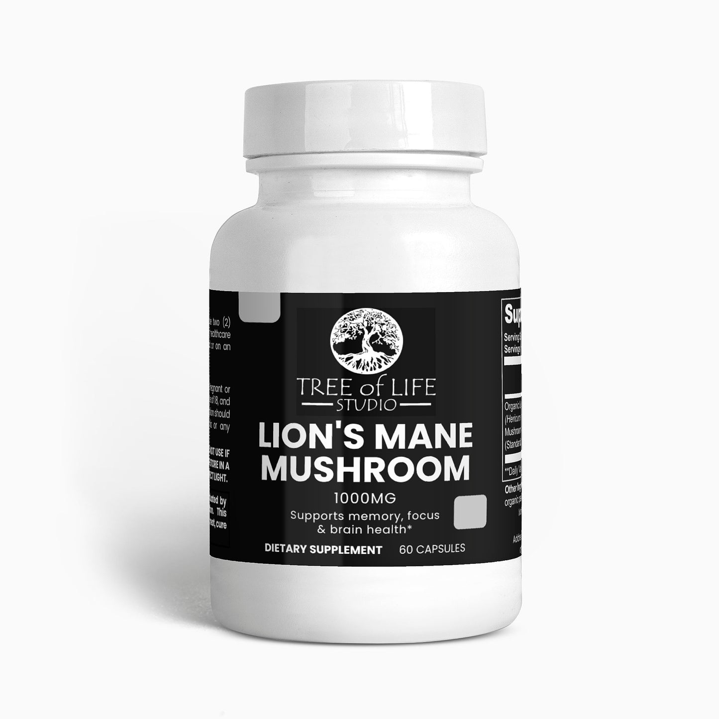 Tree of Life Studio Lion's Mane Mushroom supplement 1000mg bottle with 60 capsules for brain health
