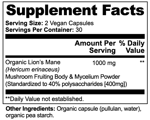 Supplement facts label for Lion's Mane Mushroom supplement with 1000 mg organic lion’s mane per serving in vegan capsules