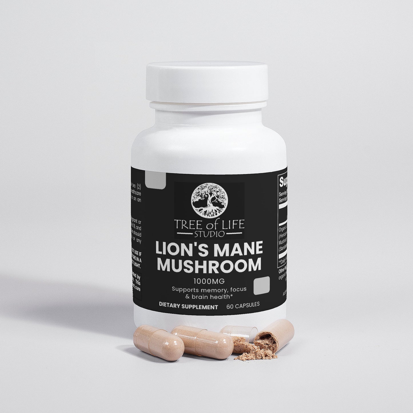 Tree of Life Studio Lion's Mane Mushroom supplement bottle with capsules and powder on white background