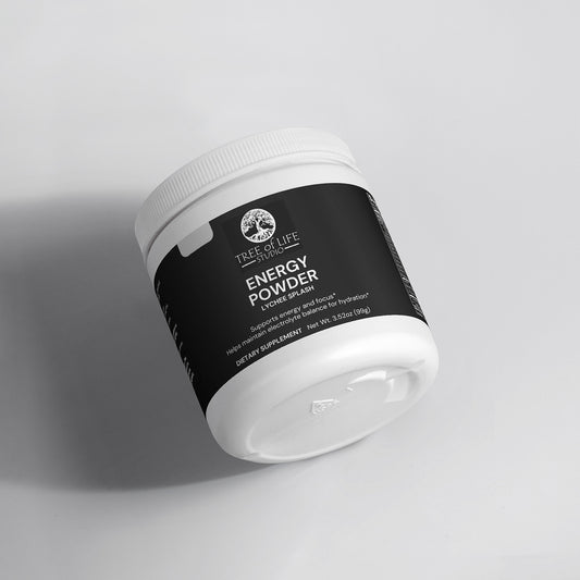 Tree of Life Studio lychee energy powder in white container with black label for specialty supplements