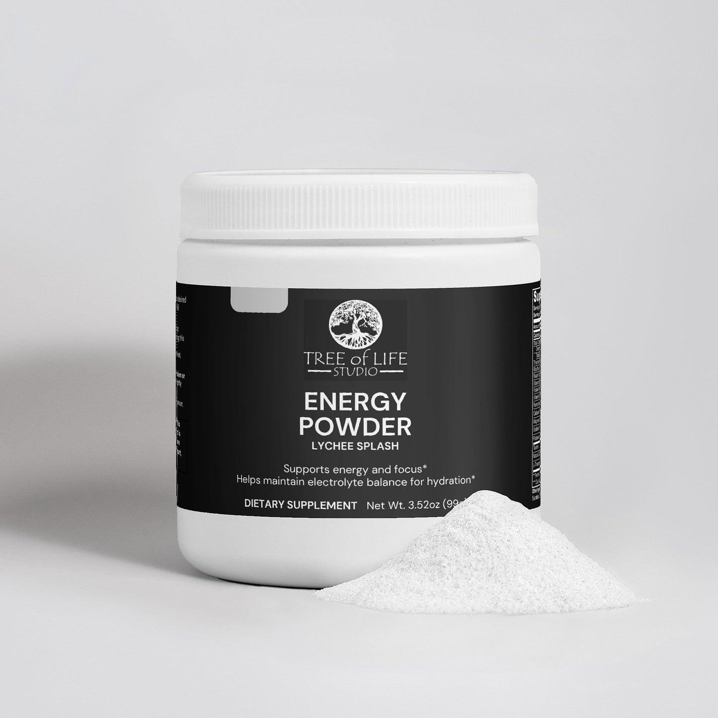 Tree of Life Studio lychee energy powder dietary supplement container with white powder pile