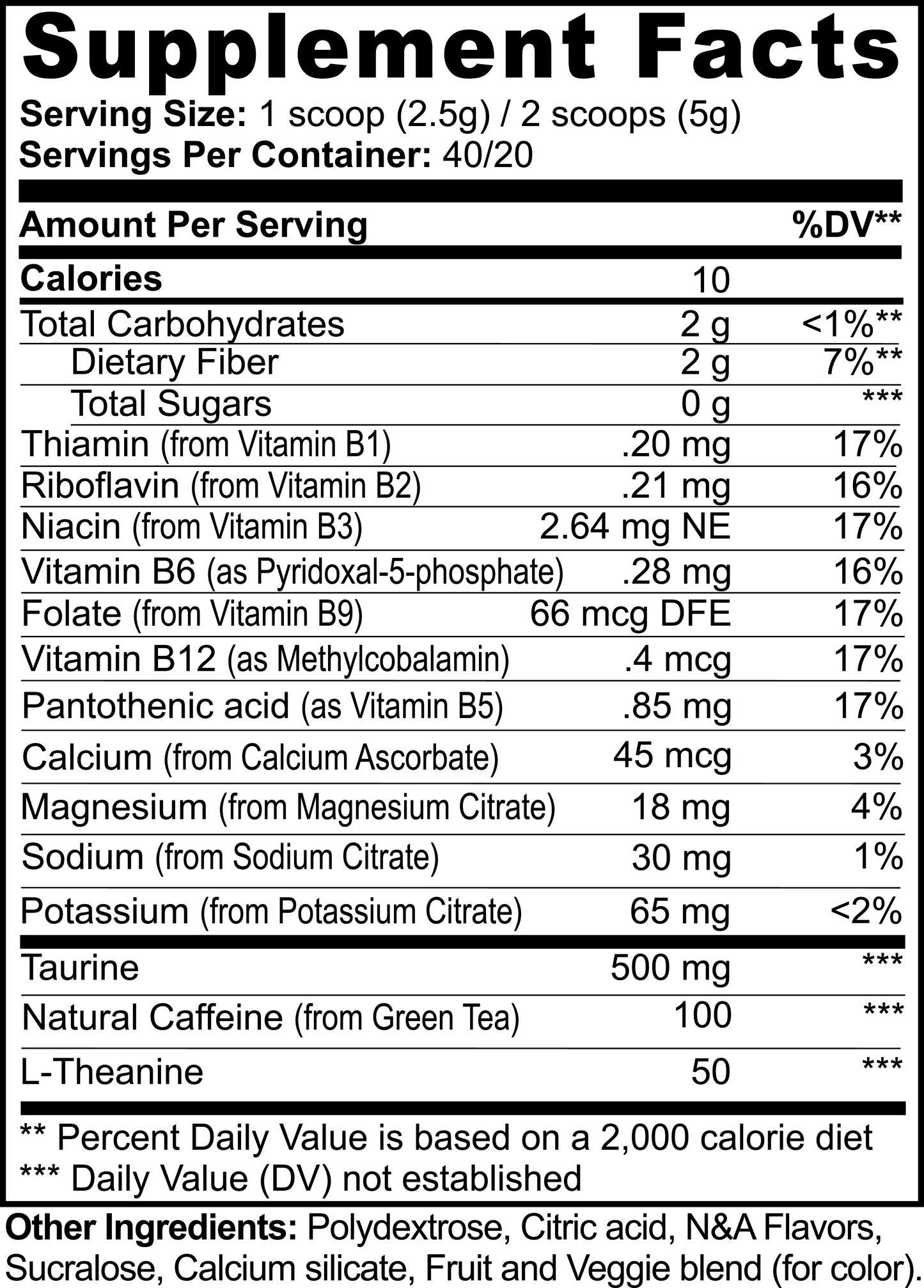 Nutrition facts label for lychee energy powder specialty supplement by Tree of Life Studio with vitamins and natural caffeine