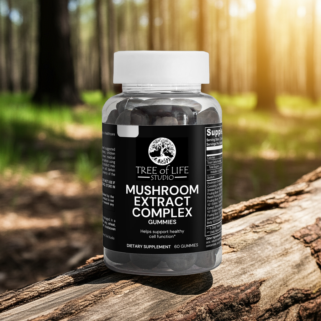 Tree of Life Studio mushroom extract complex gummies dietary supplement bottle outdoors on tree bark