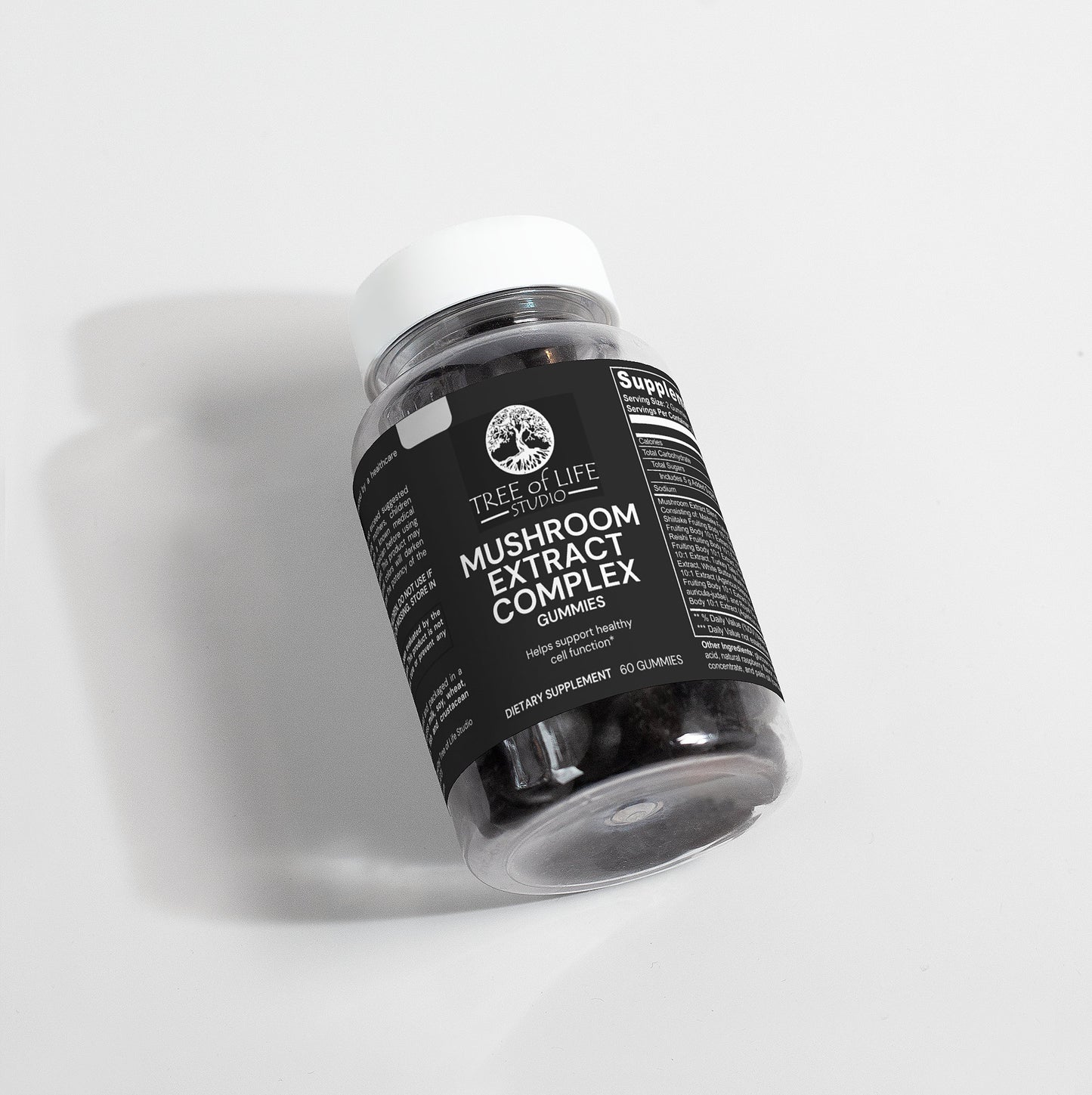 Tree of Life Studio mushroom extract complex gummies bottle with black label and white cap for immune support