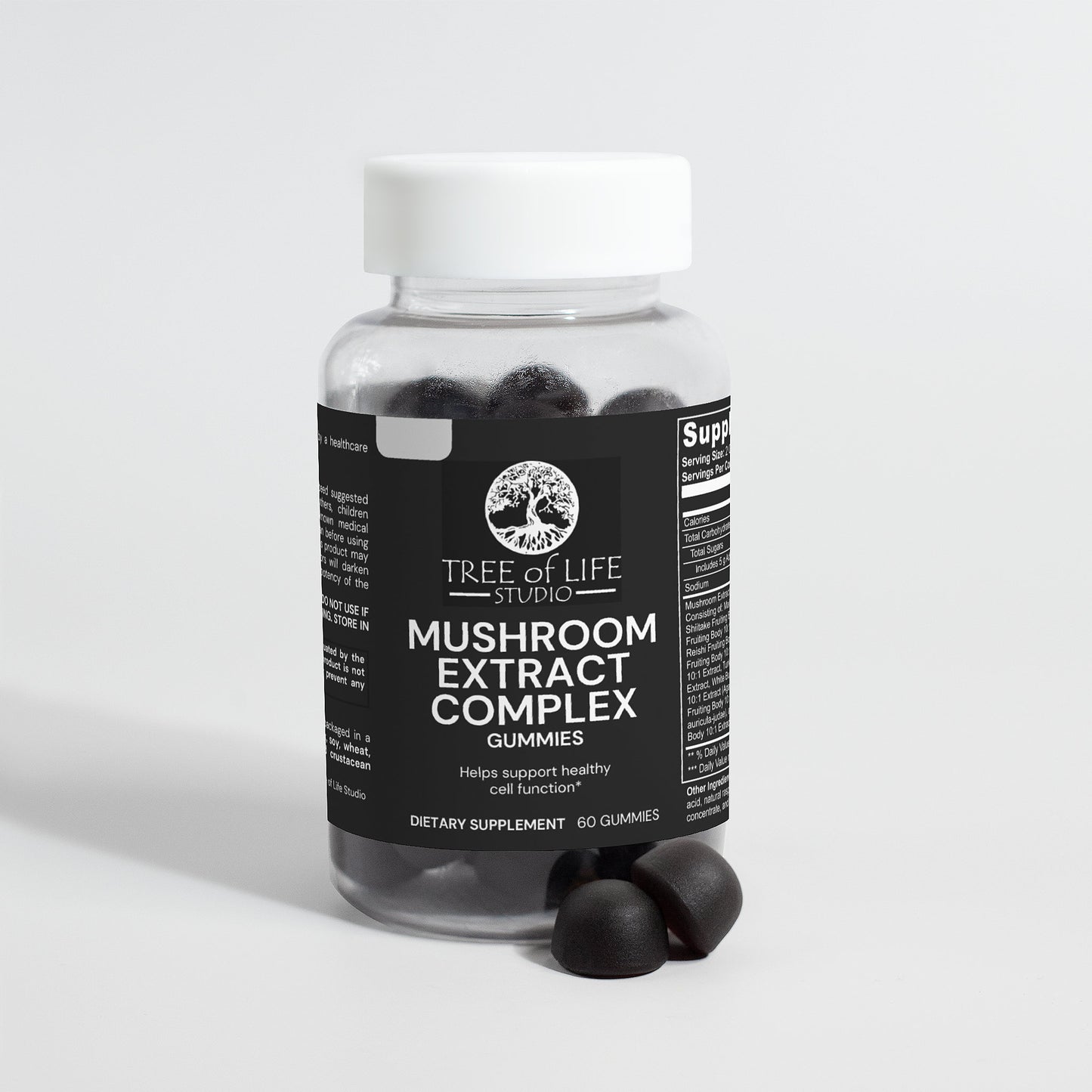 Tree of Life Studio mushroom extract complex gummies dietary supplement bottle with black gummies