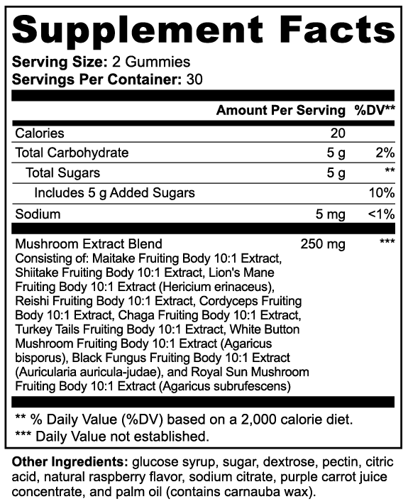 Supplement facts label for Tree of Life Studio mushroom extract complex gummies with detailed ingredient list