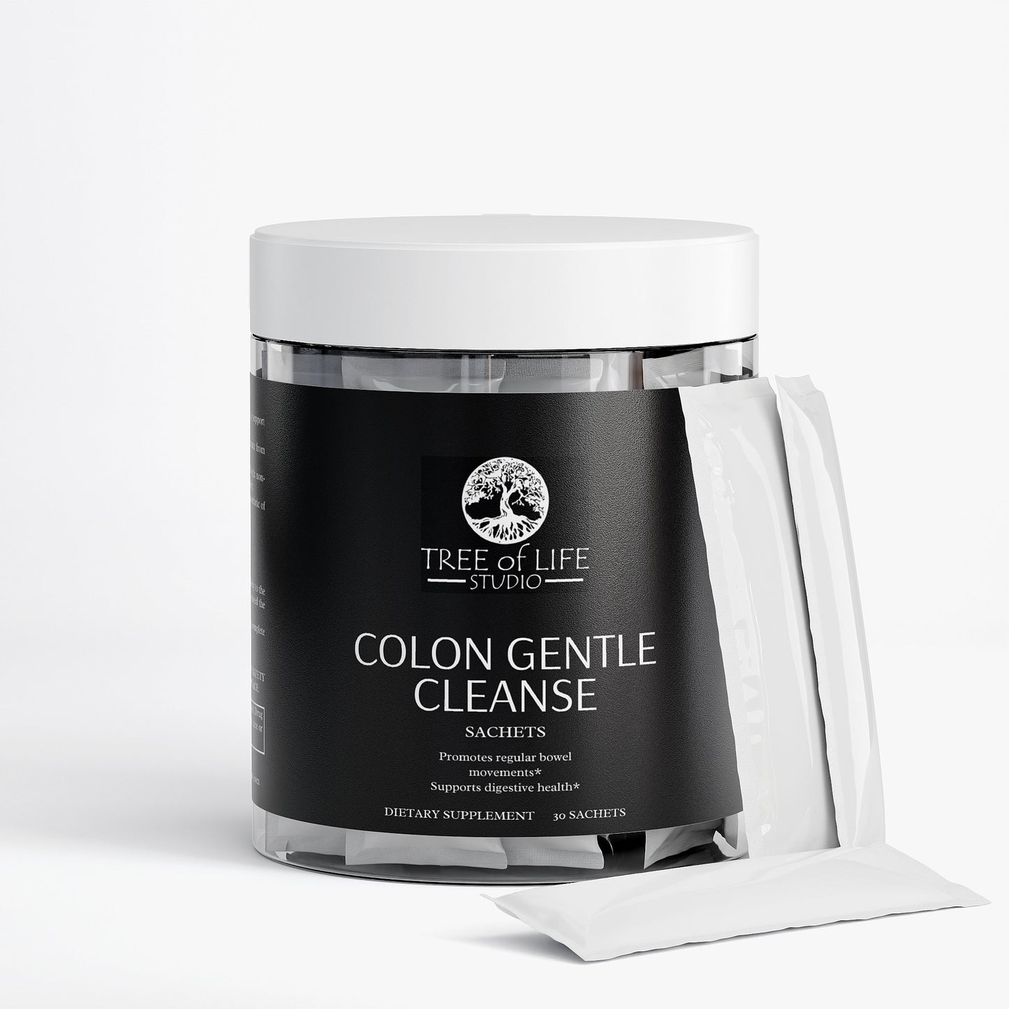 Tree of Life Studio natural colon cleanse supplement with colon gentle cleanse sachets in clear container
