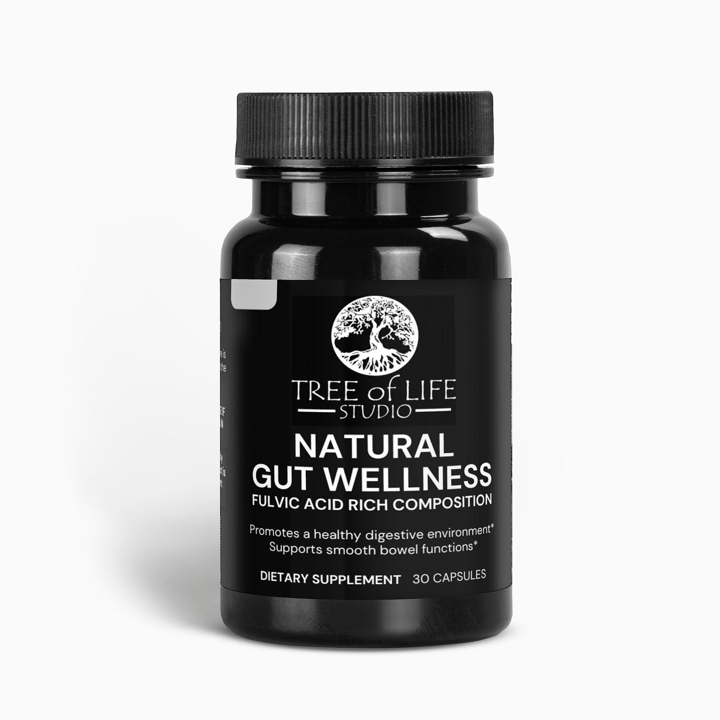 Tree of Life Studio natural gut wellness supplement in black bottle with 30 capsules