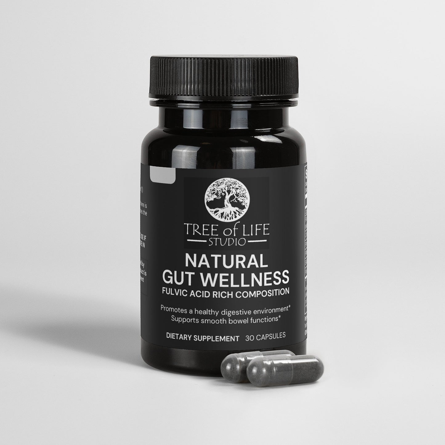 Tree of Life Studio natural gut wellness supplement bottle with fulvic acid capsules for digestive health