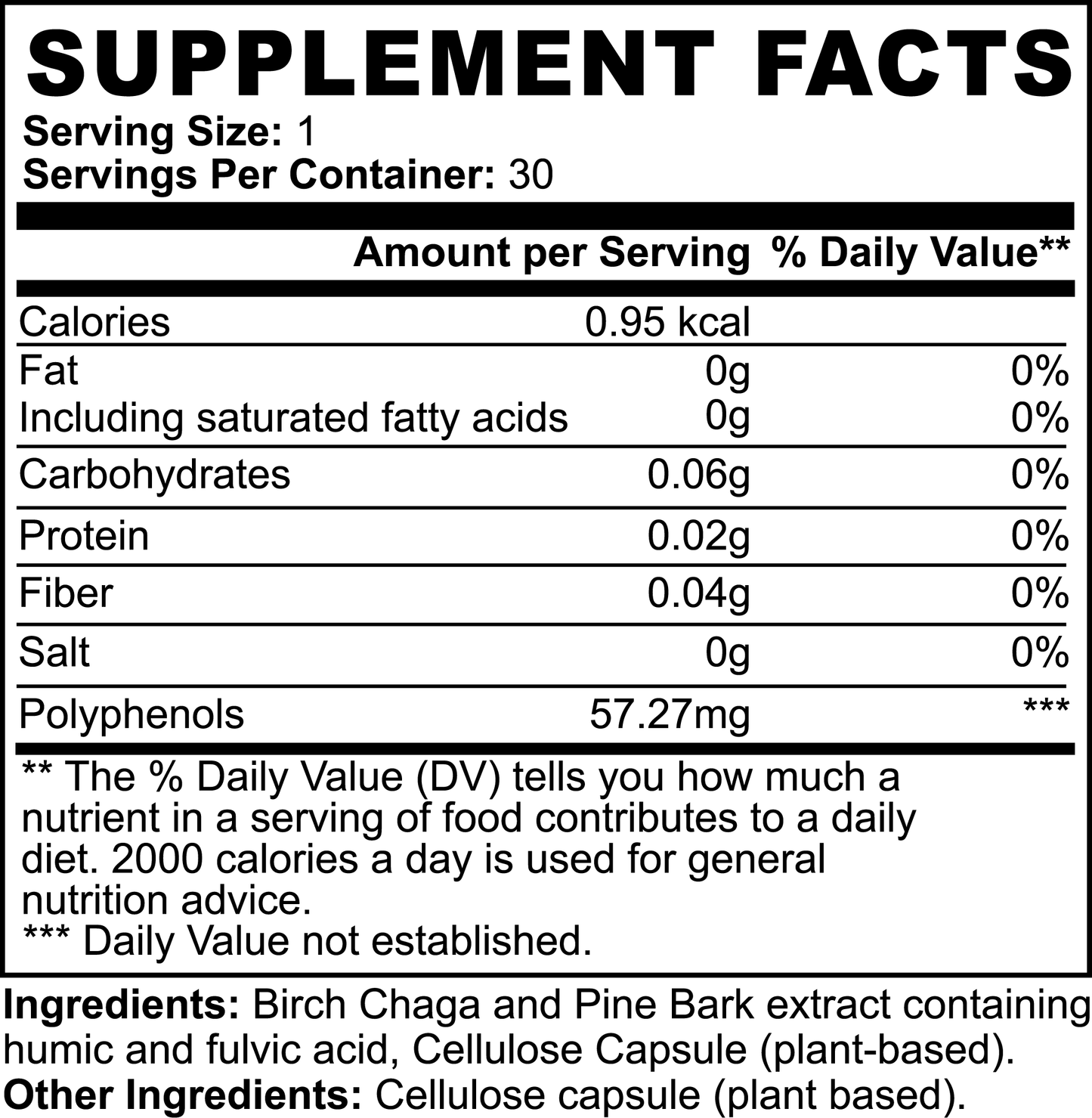 Natural gut wellness supplement supplement facts showing nutrients and ingredients for Tree of Life Studio natural extract