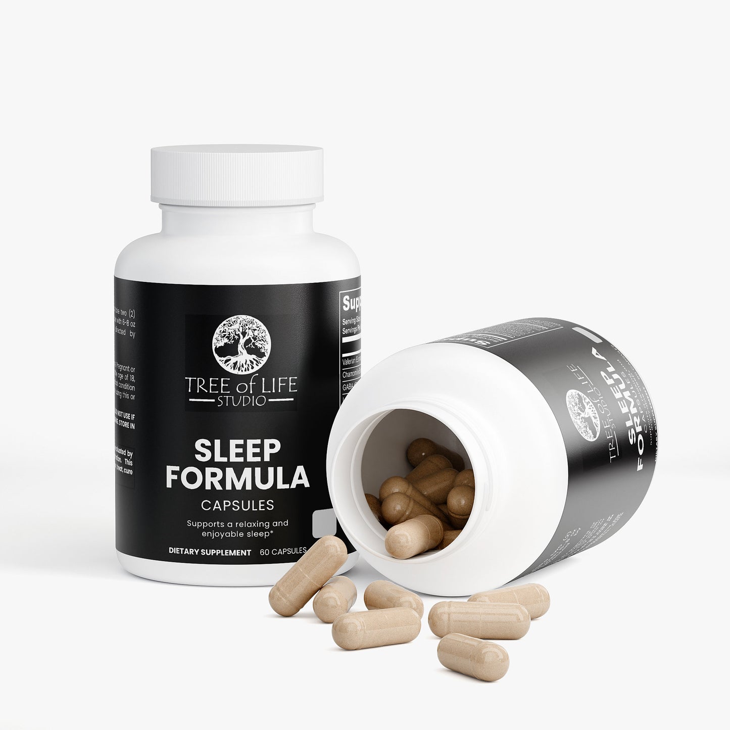 Tree of Life Studio sleep formula natural sleep aid capsules bottle with capsules spilled on white background