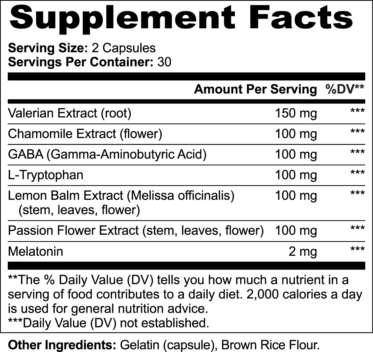 Supplement facts label for natural sleep aid capsules with valerian, chamomile, GABA, melatonin ingredients