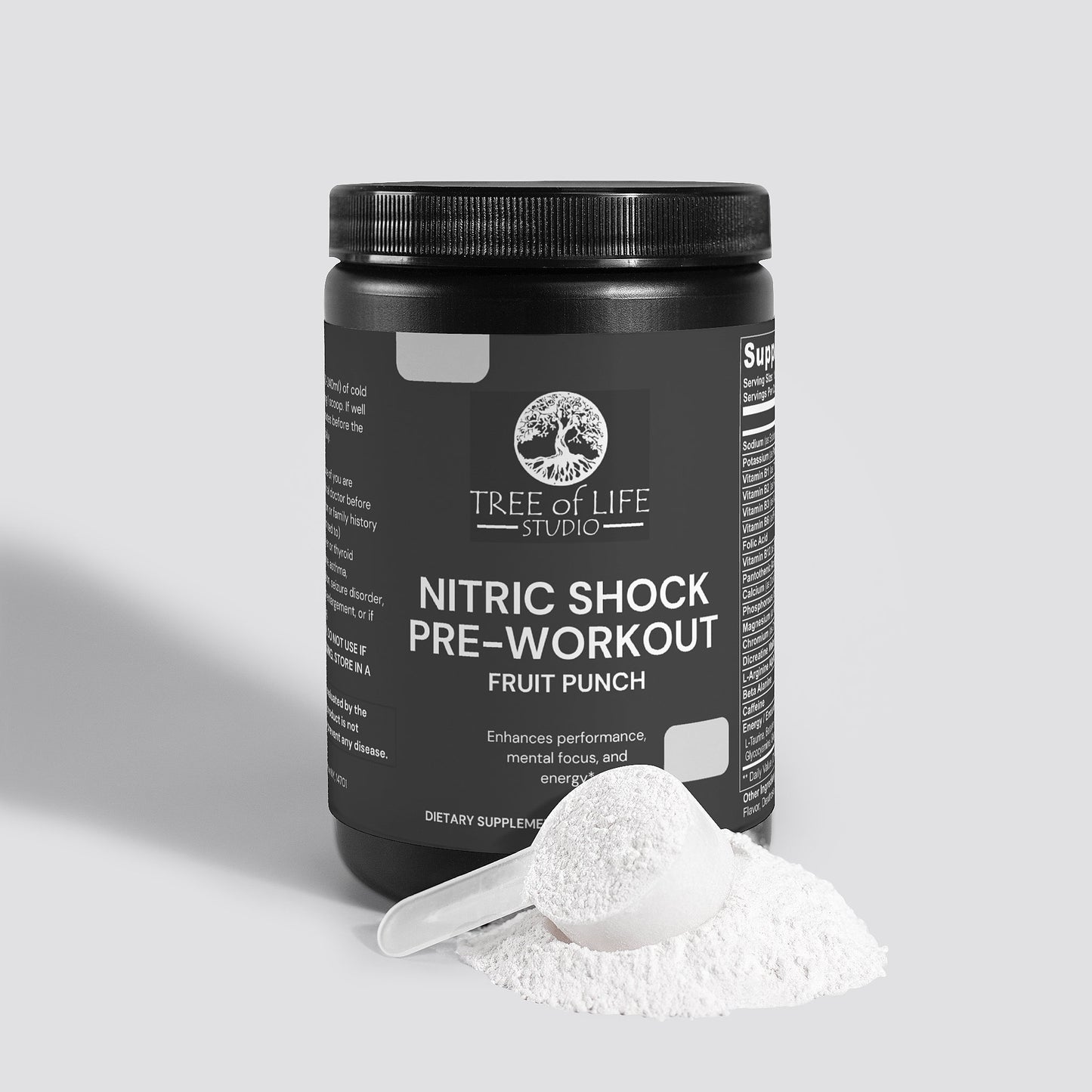Tree of Life Studio nitric shock pre-workout powder fruit punch flavor with white powder and scoop