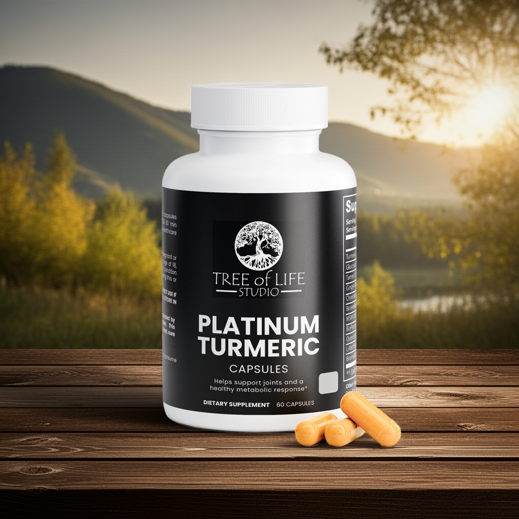 Tree of Life Studio Platinum turmeric capsules for inflammation relief with natural extract supplement bottle