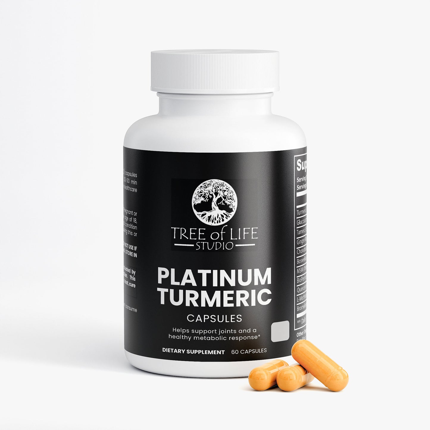 Platinum turmeric capsules for inflammation relief by Tree of Life Studio natural extract supplement bottle with capsules