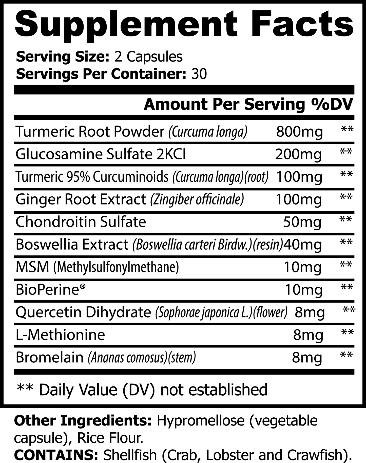 Supplement facts label for Platinum turmeric capsules for inflammation relief with turmeric root powder and other natural extracts