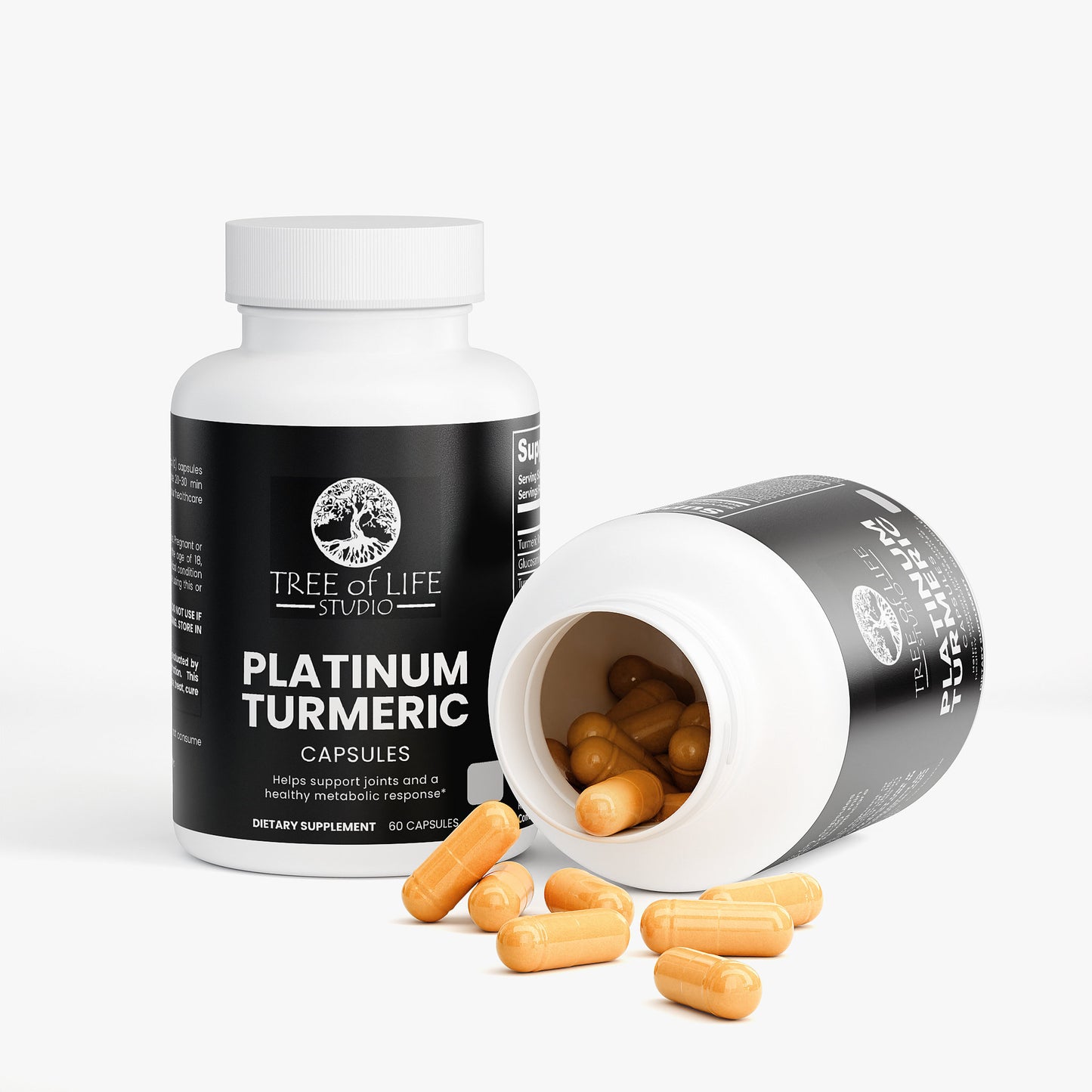 Tree of Life Studio platinum turmeric capsules for inflammation relief with bottle and spilled capsules