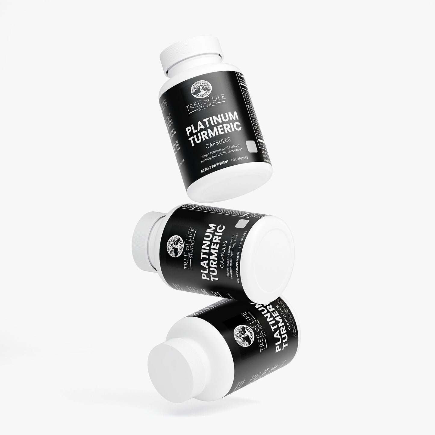 Tree of Life Studio platinum turmeric capsules for inflammation relief in black and white bottles