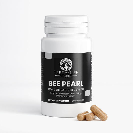 Tree of Life Studio premium bee pearl dietary supplement bottle with capsules on white background