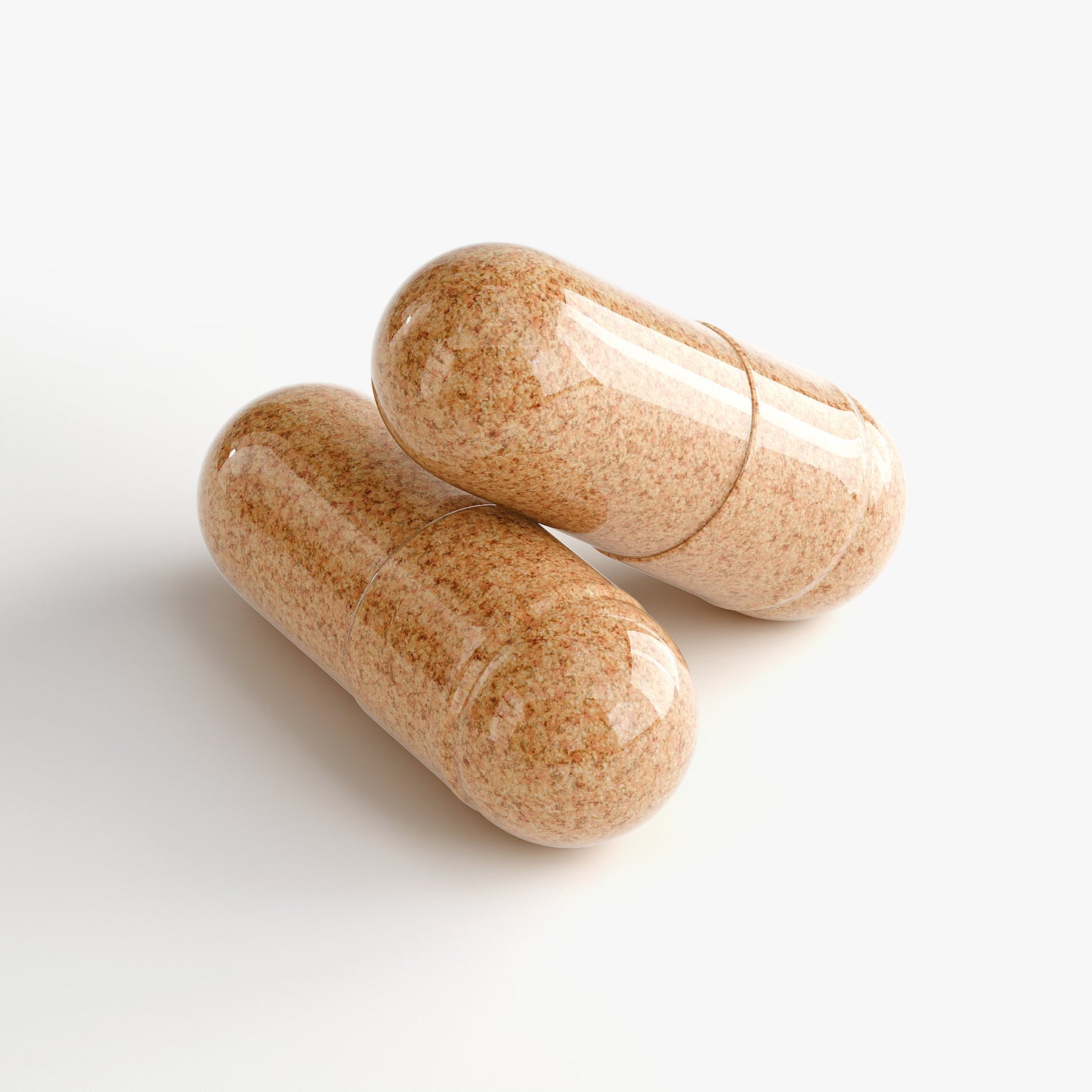 Two transparent capsules with natural powder inside for premium bee pearl dietary supplement