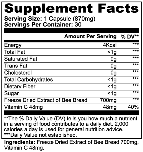 Supplement facts label of premium bee pearl dietary supplement by Tree of Life Studio with 700mg freeze dried bee bread extract
