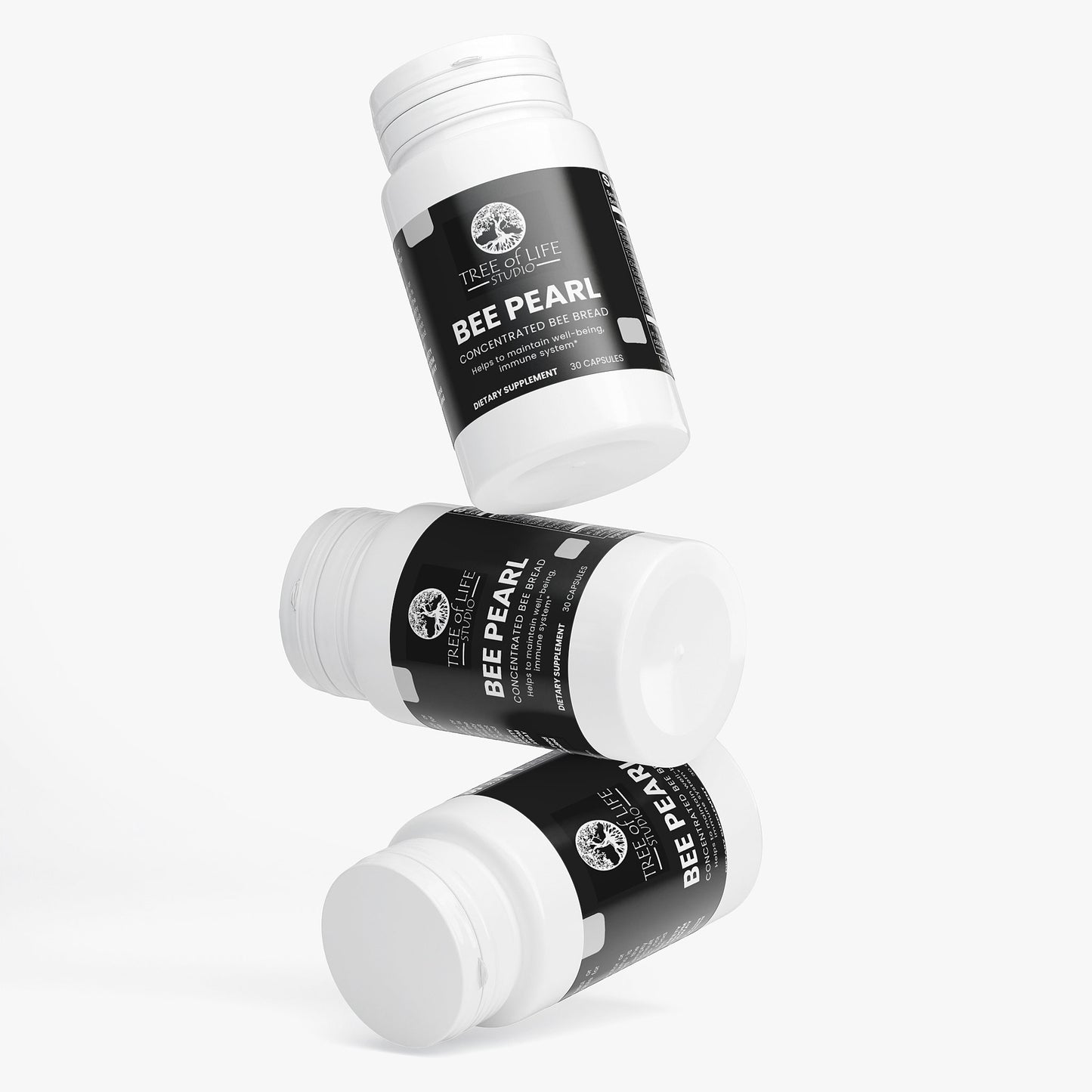Tree of Life Studio premium bee pearl dietary supplement bottles with black and white labels