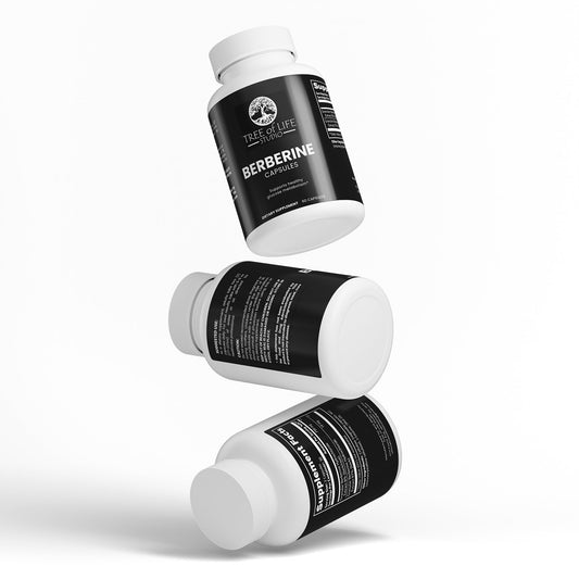 Tree of Life Studio premium berberine capsules bottles with black labels floating on white background